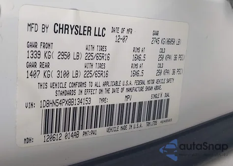 2008 Dodge Grand Caravan Sxt z USA, uszkodzony, nr VIN 1D8HN54PX8B134153